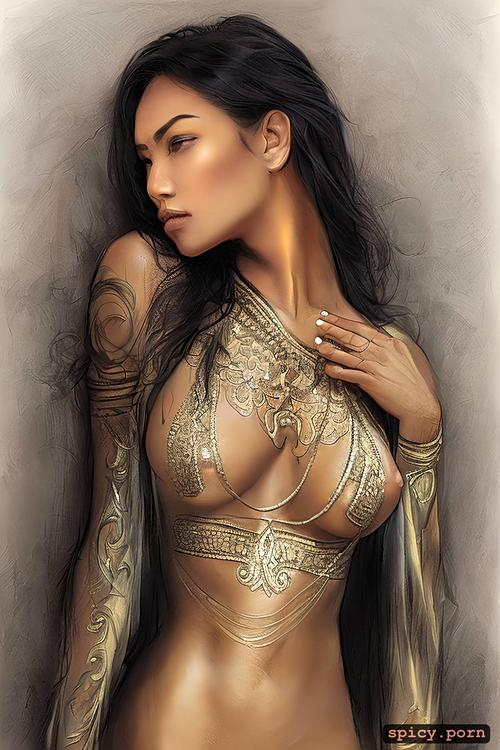 smudged, very slim, khmer girl, sketch, intricate boobs, intricate hair