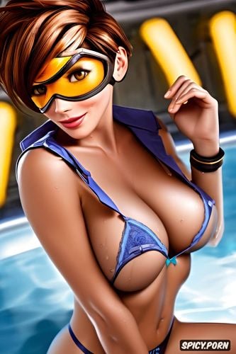 tits out, ultra detailed, tracer overwatch beautiful face slutty lingerie