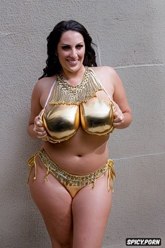 massive saggy melons, gold and silver and colorful jewelry, elegant bellydance costume with matching jeweled bikini top