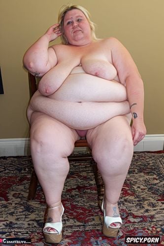 fat, squat sitting on a short chair, fisheye, showing pussy