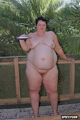 fat belly, black hair, enormous thighs, legs wide apart showing her open pussy clear photography