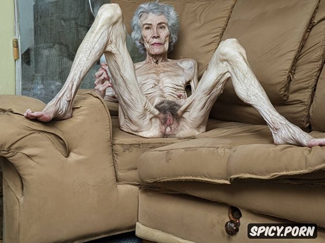 spreading legs, hairy pussy, pale, couch, grey hair, spreading her asshole for the camera