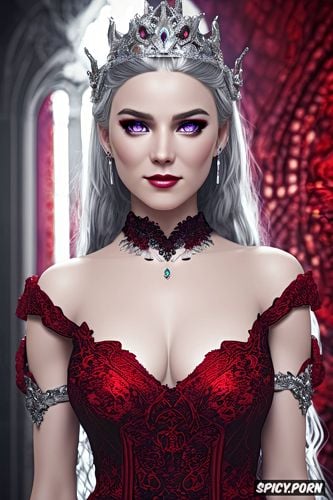 confident smirk, tiara, beautiful face, female knight, wearing a sexy low cut black and red lace gown