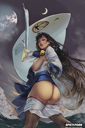 nighttime, saggy tits, white sailor, upskirt, hairy pussy, sickle moon in background