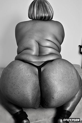 hyperrealistic, grey hair, wide hips, centered, ssbbw, rear view