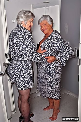 american granny ninety something friendly granny, looking at viewer smiling zebra print lingerie standing and revealing flashing tits silk robe platform mules in bathroom exhibitionist granny she shows off for young stud who is looking in through keyhole of bathroom door open robe