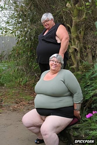 ssbbw obese granny, topless, cum on sweater, spread legs squatting
