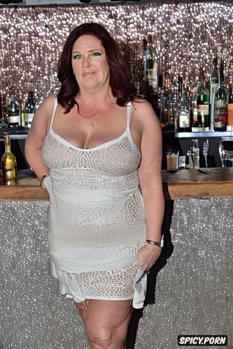 crowded bar, slutty outfit, above average weight, white woman