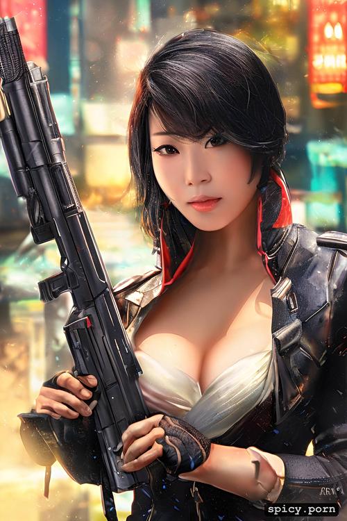 medium shot, korean woman, cinematic lighting, holding a gun