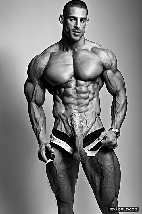 grey man, long athletic legs, squared chin, masculine, huge arms