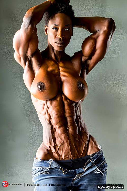 mature, fit, abs, tall, naked, large biceps, athletic african woman