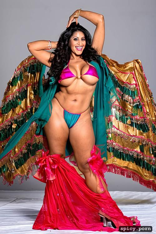 full body view, color portrait, giant hanging boobs, 59 yo beautiful arabian dancer