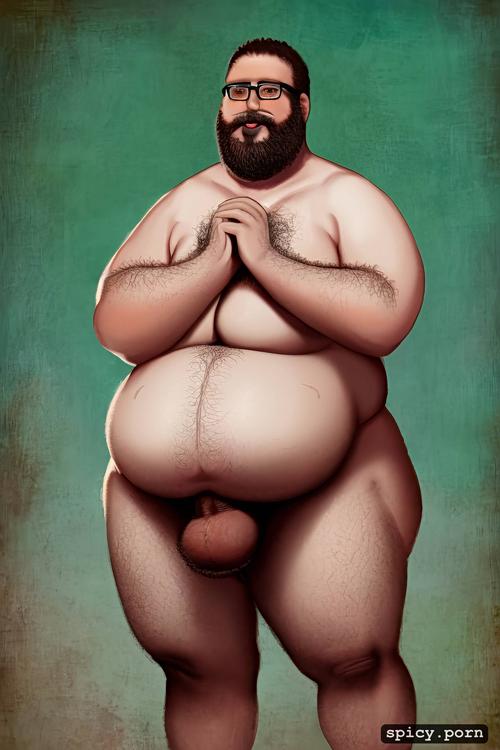 super obese chubby man, realistic very hairy big belly, 155 cm tall