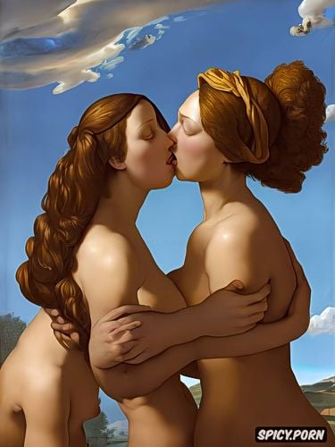 rainbow sky, virgin mary lesbian couple kissing, sidele