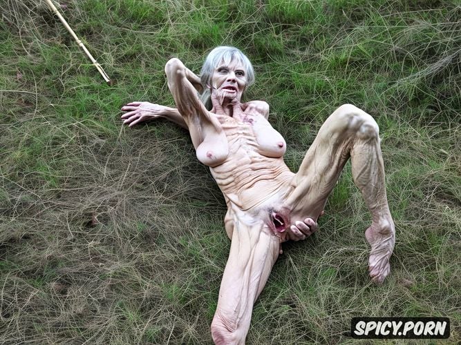 zombie, very thin, gaunt, dead body, spreading hairy pussy, bed