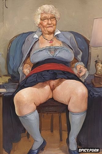 giant and perfectly round areolas very big fat tits, the very old fat grandmother has nude pussy under her skirt