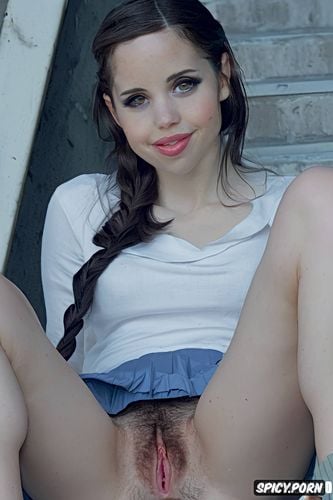 high socks, no panties, wide open eyes, nice big dick, lifting up skirt showing pussy no panties gorgeous face beautiful face no panties good pussy view innie pussy trimmed pussy hairy pussy felicity jones jyn erso