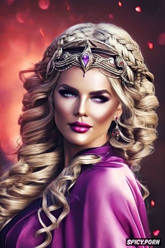 busty, face shot, fantasy roman empress beautiful face full lips rosey skin long soft ashen blonde hair in a braid rich dark purple robes diadem curvy