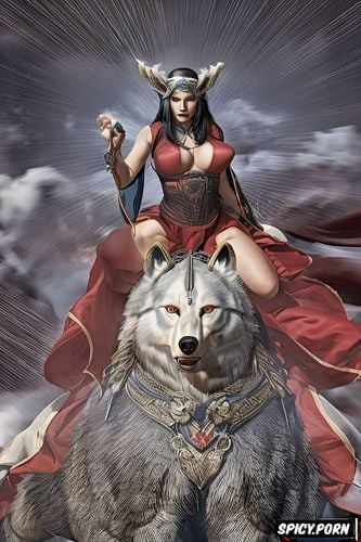delicate teenage breast, peincess mononoke squatting riding on a giant wolf