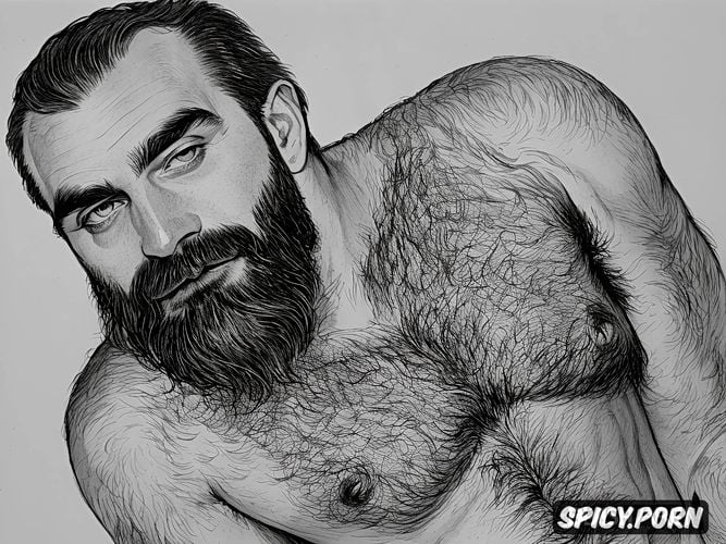 intricate hair and beard, masterpiece, full shot, 30 40 yo, detailed artistic nude sketch of a well hung bearded hairy man