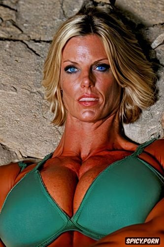 muscular thigs, sexual white woman, photorealistic color photo