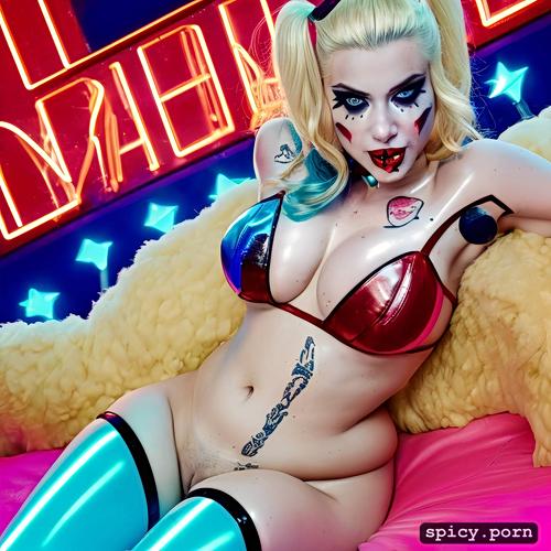 excessive cum on face and body, highres, harley quinn, retrowave background