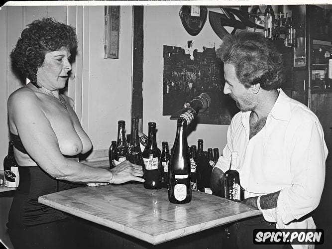 embossed natural colors embossed facial image on the bar table in provocative position too drunk old whore with a bottle of beer inserted deep inside in her twat