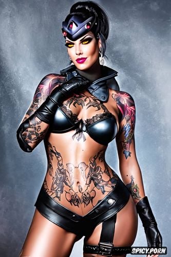 tattoos masterpiece, ultra detailed, widowmaker overwatch beautiful face milf sexy low cut leather mistress outfit