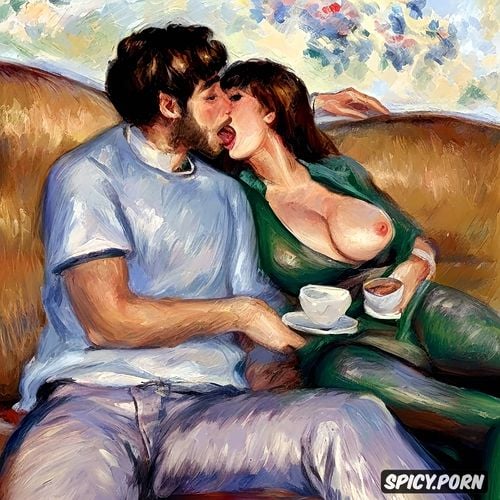 claude monet style painting, drinking coffee, renoir, boyfriend and wife on couch