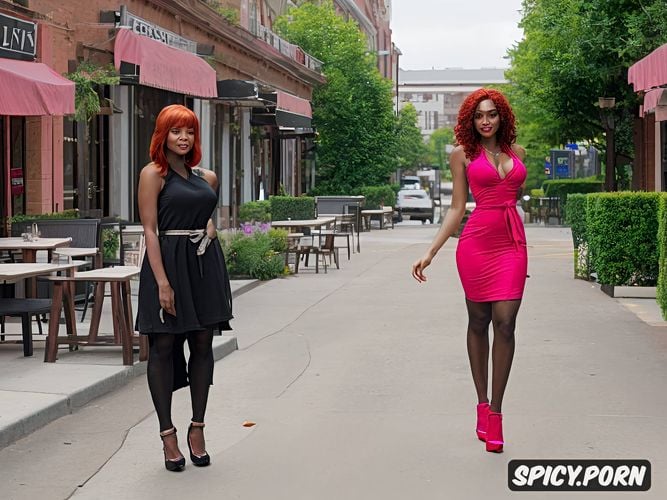 pink sash, intricate hair, standing in front of a cafe, black american model