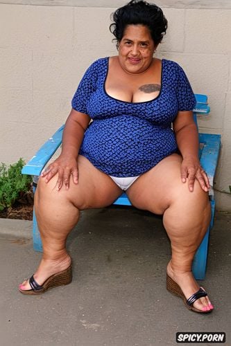 she is topless, old loose ssbbw belly, tan lines, sitting at a street