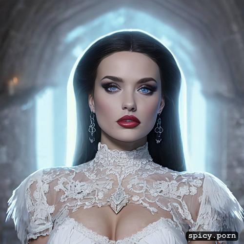 in a dungeon, symmetrical face, wearing white lace dress with black trim