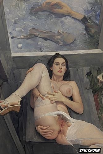 pale, ninety, alessandra daddario, medieval art, indoors, white nylons