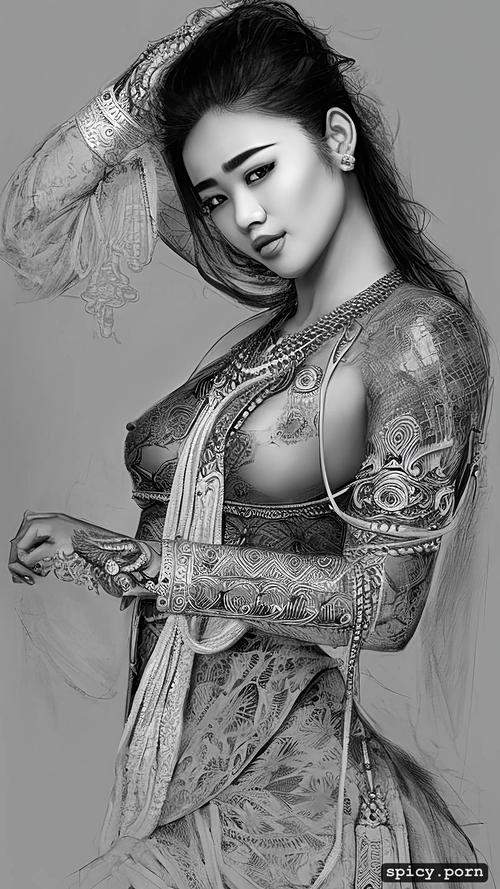 thai woman, 18yo, intricate hair, sketch, thai traditional massage
