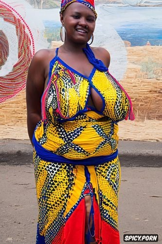 obese, huge tits, hyperrealistic, african, traditional african outfit