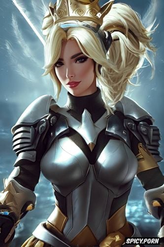 mercy overwatch female gladiator fatasy arena crown tight leather armor beautiful face portrait muscles