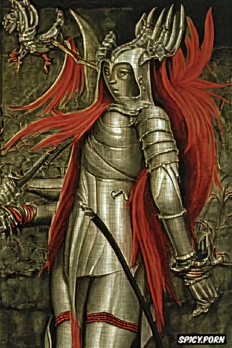 old dusty painting, medieval art, knight, princess demon, 16 bit graphics