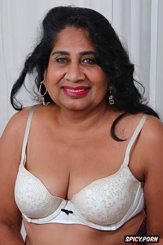 bindi, a mature nudist indian chubby beautiful woman having fake big saggy gigantic tits in camisole v shaped white thin bra covering only nipple and g string