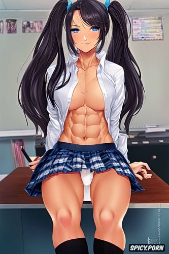 six pack abs, blue eyes, abs, micro plaid skirt, hair bows, at school classroom