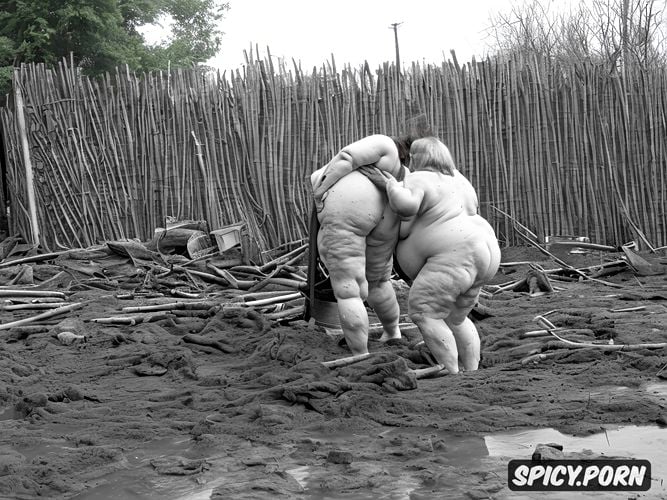 enormous ass, in mud pit, in filthy slum, short red hair, naked obese bbw granny