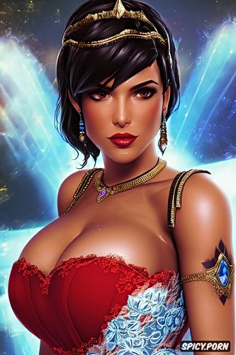 k shot on canon dslr, ultra realistic, pharah overwatch beautiful face milf full lips tattoos small perky tits tight red lace wedding gown tiara masterpiece