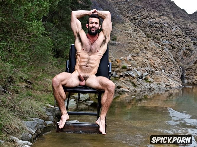 hairy body, sitting on a chair, arms up, one alone man, male