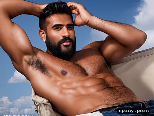 he is sitting on a chair, showing hairy armpits, gay, big erect penis