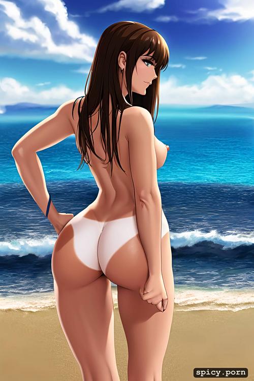 beach, 18 years old, female, white woman, brunette, medium length hair