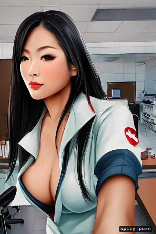 office, nurse, 30 years, asian woman, medium boobs, dark hair