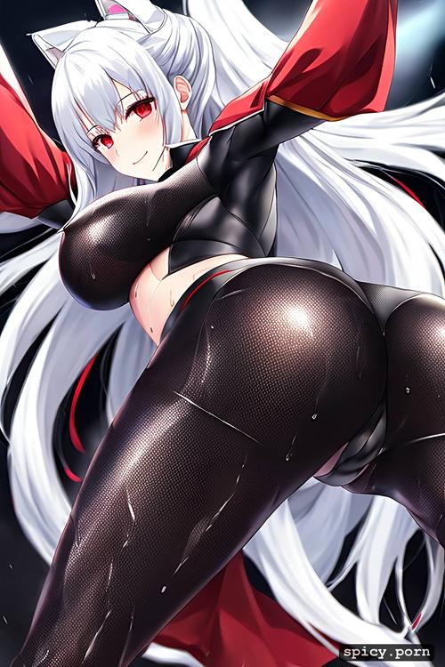 smiling, showing of her ass, white hair colour, good anatomy