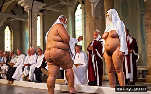 in church, full nude, thick hips, group, full body face, hanging breasts