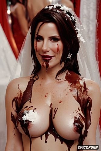 covered in chocolate syrup, bedroom, resting in bed, sandra bullock wearing wedding dress with chocolate syrup smeared on thighs