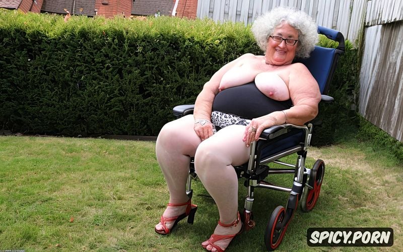sitting on a wheelchair, empty saggy tits, full length frontal view from below