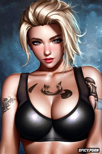 masterpiece, mercy overwatch beautiful face tight black yoga pants skin tight black sports bra tattoos milf